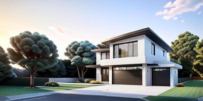 A modern house with a driveway in front of it ai generated photo