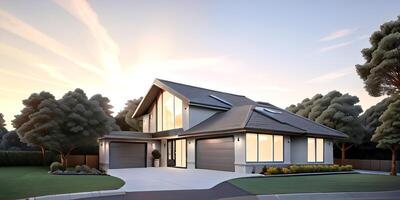 A modern house with a driveway in front of it photo