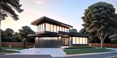 A modern house with a driveway in front of it ai generated photo