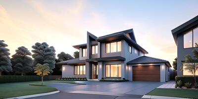 A modern house with a driveway in front of it photo