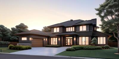 A modern house with a driveway in front of it photo