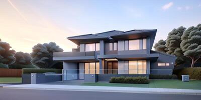A modern house with a driveway in front of it photo