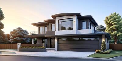 A modern house with a driveway in front of it photo
