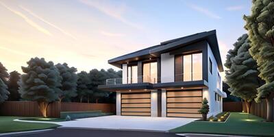 A modern house with a driveway in front of it photo
