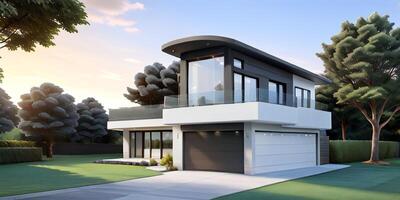 A modern house with a driveway in front of it photo