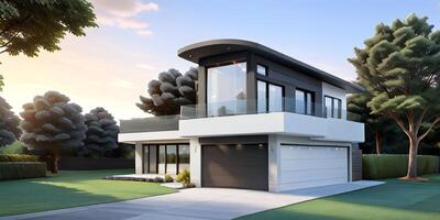 A modern house with a driveway in front of it ai generated photo