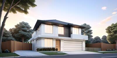 A modern house with a driveway in front of it photo
