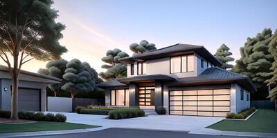 A modern house with a driveway in front of it ai generated photo