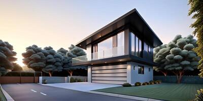 A modern house with a driveway in front of it photo