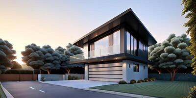 A modern house with a driveway in front of it ai generated photo