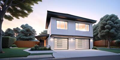 A modern house with a driveway in front of it photo