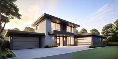 A modern house with a driveway in front of it ai generated photo