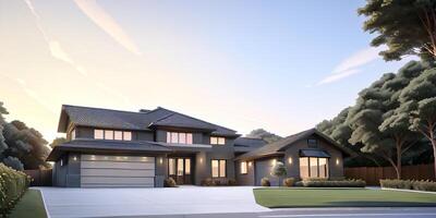 A modern house with a driveway in front of it photo