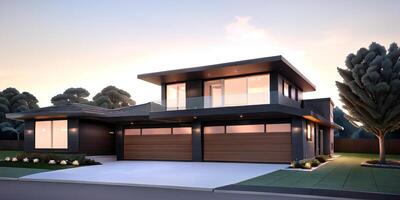 A modern house with a driveway in front of it ai generated photo