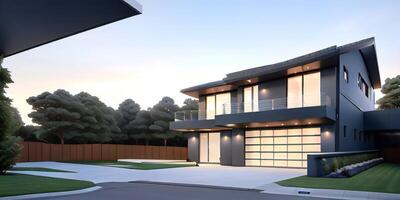 A modern house with a driveway in front of it photo