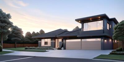 A modern house with a driveway in front of it photo