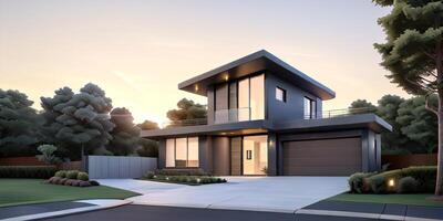 A modern house with a driveway in front of it photo