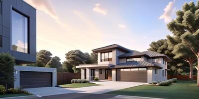 A modern house with a driveway in front of it photo