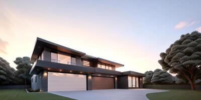 A modern house with a driveway in front of it photo