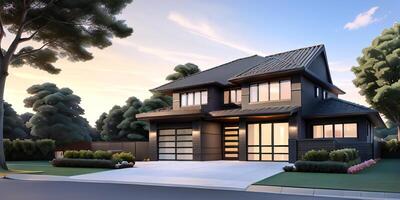 A modern house with a driveway in front of it photo