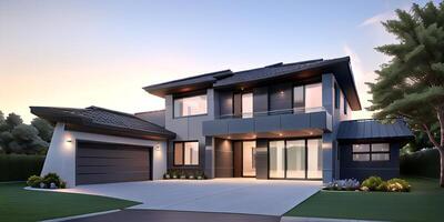A modern house with a driveway in front of it photo