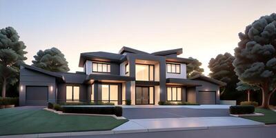 A modern house with a driveway in front of it photo