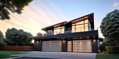A modern house with a driveway in front of it photo