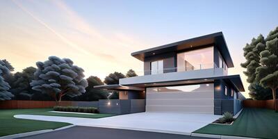 A modern house with a driveway in front of it photo