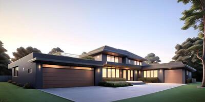A modern house with a driveway in front of it photo