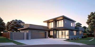 A modern house with a driveway in front of it photo