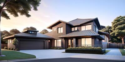 A modern house with a driveway in front of it photo