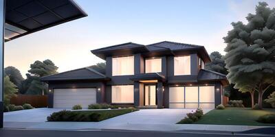 A modern house with a driveway in front of it photo