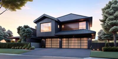 A modern house with a driveway in front of it photo