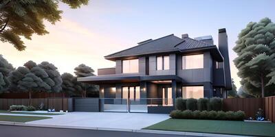 A modern house with a driveway in front of it ai generated photo