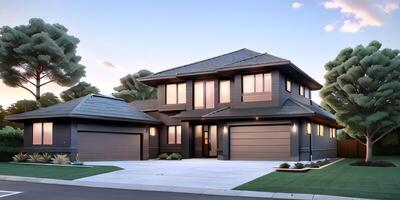 A modern house with a driveway in front of it photo