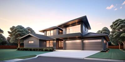 A modern house with a driveway in front of it ai generated photo