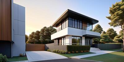 A modern house with a driveway in front of it ai generated photo