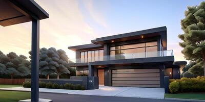 A modern house with a driveway in front of it ai generated photo