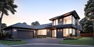 A modern house with a driveway in front of it photo