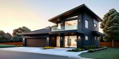 A modern house with a driveway in front of it ai generated photo