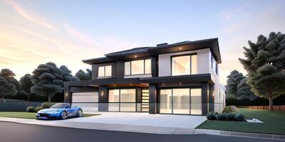 A modern house with a driveway in front of it ai generated photo