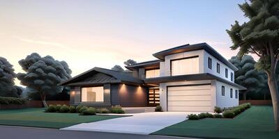 A modern house with a driveway in front of it photo