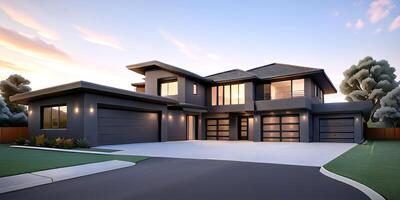 A modern house with a driveway in front of it ai generated photo