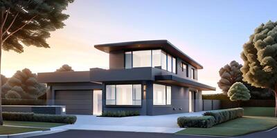A modern house with a driveway in front of it photo