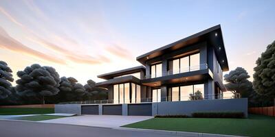 A modern house with a driveway in front of it photo