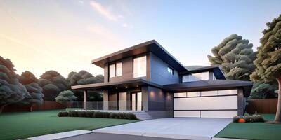 A modern house with a driveway in front of it ai generated photo