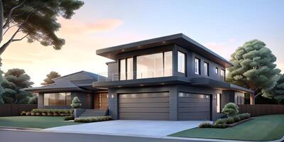 A modern house with a driveway in front of it photo