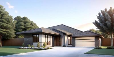 A modern house with a driveway in front of it ai generated photo