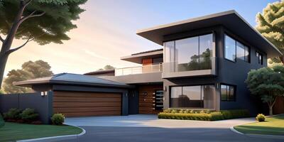 A modern house with a driveway in front of it photo