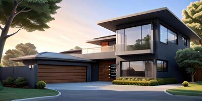 A modern house with a driveway in front of it ai generated photo